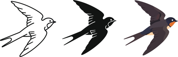Obraz premium Collection of stylized barn swallow vector illustrations showing outline silhouette and full color versions in various graphic representations for design