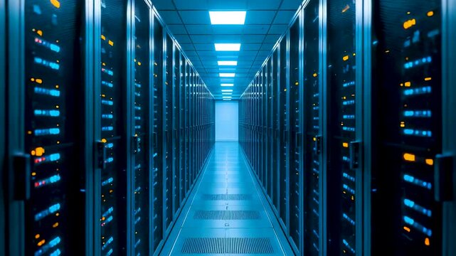 Modern Data Center Corridor with Server Racks and Blue Lighting Showcasing Secure High Performance Computing Infrastructure Environment