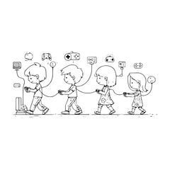 Fototapeta premium Children Holding Jump Ropes with Thought Bubbles in Black and White Line Art