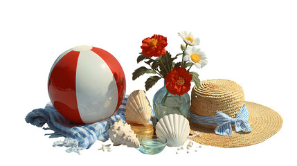 Set of summer accessories for holiday vacation, isolated on a background. Includes a beach ball, seashell, hat, and other items for swimming and relaxation. 