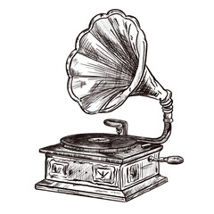 Illustration of a vintage gramophone with large horn, hand-drawn in black and white graphic style. Detailed retro decorative element, perfect for music, vintage, or nostalgic projects. © Карина Кочнева