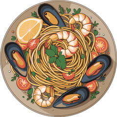 A vibrant plate of spaghetti with seafood lemon and fresh ingredients