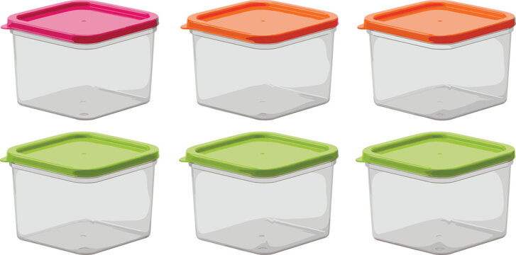 Set of plastic food storage containers with colorful lids isolated on white background, kitchen organization vector illustration