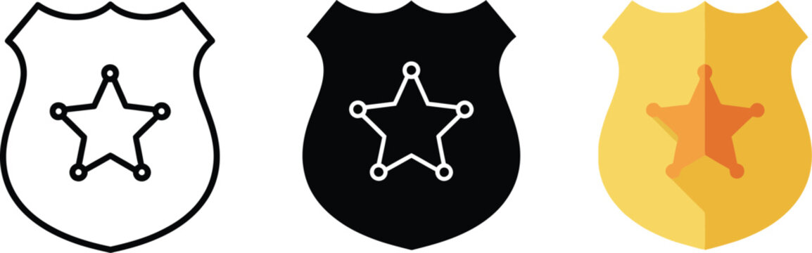 Collection of sheriff badge icons showing different styles including outline solid and color variations for law enforcement concepts