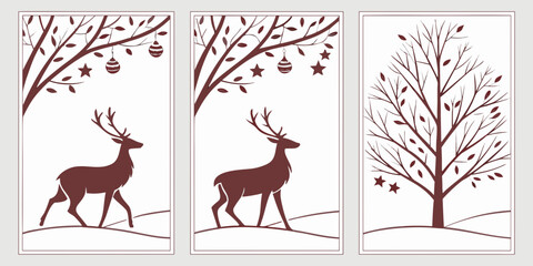 Set of three christmas greeting cards with reindeer and winter tree silhouette illustrations christmas reindeer silhouette greeting seasonal minimalist illustration background © Designer Pac 2