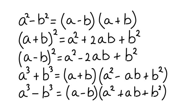 Hand drawn algebra formulas and identities set. Basic math equations