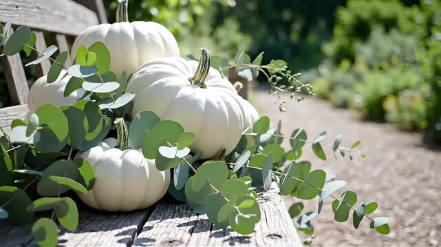 Rustic autumn scene featuring a collection of white pumpkins nestled amongst eucalyptus leaves on an aged wooden bench in a sun-drenched garden setting