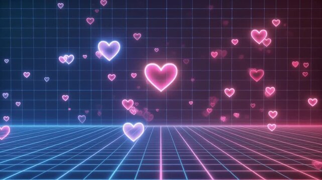 Pink heart shapes float on a grid