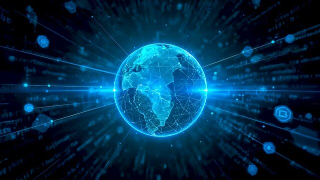 Glowing digital Earth with global data streams and connected network points, blue technology sphere, worldwide communication and information flow