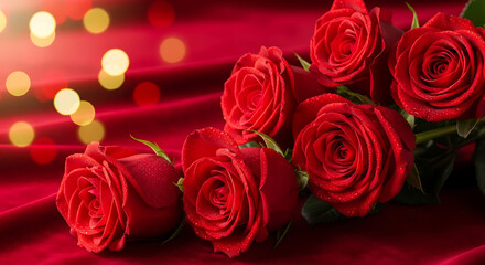 Obraz premium A bouquet of red roses on red fabric with blurred lights in the background via whisk_p76lvm_via_RJ_Whisk_Auto