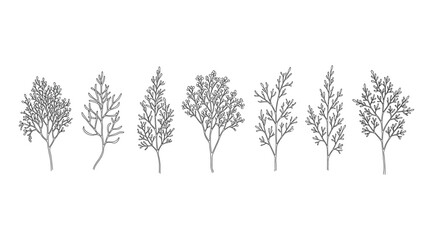 Fototapeta premium Vector illustration set of seven monochrome tree designs in horizontal lineup, showcasing diverse foliage patterns, branching structures, and artistic styles for botanical studies, landscape design, e