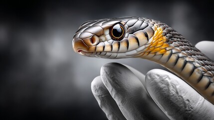Fototapeta premium A striking snake rests in an open hand, its detailed scales glistening and captivating onlookers in a dramatic setting