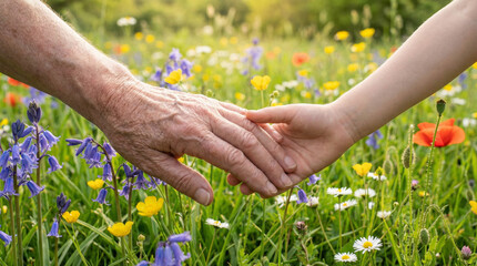 Close-up of a grandfather and granddaughter holding hands. Background of a green meadow and colorful flowers. Concept of youth and old age. United family.