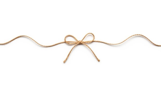 Rustic twine string tied in simple bow on white background for craft and natural packaging