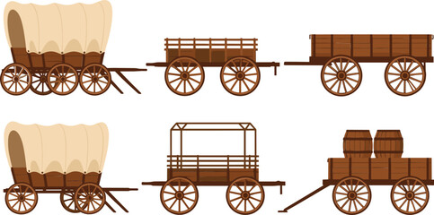 Hand drawn vintage western wooden wagon icons set with covered carts, barrels, and pioneer transport vehicles © Sumon Creative