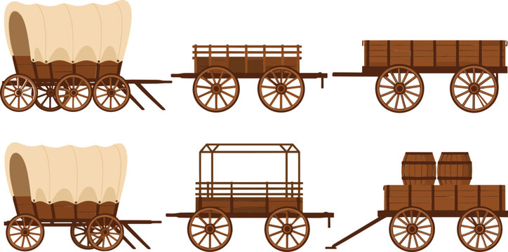 Hand drawn vintage western wooden wagon icons set with covered carts, barrels, and pioneer transport vehicles