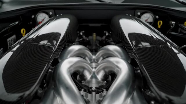 Close-up of a V12 engine bay with twin carbon fiber plenums