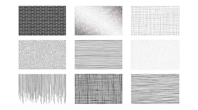 Vector illustration set of nine abstract black and white line and texture patterns in grid layout, showcasing diverse orientations, densities, and arrangements for design, visualization, education, an