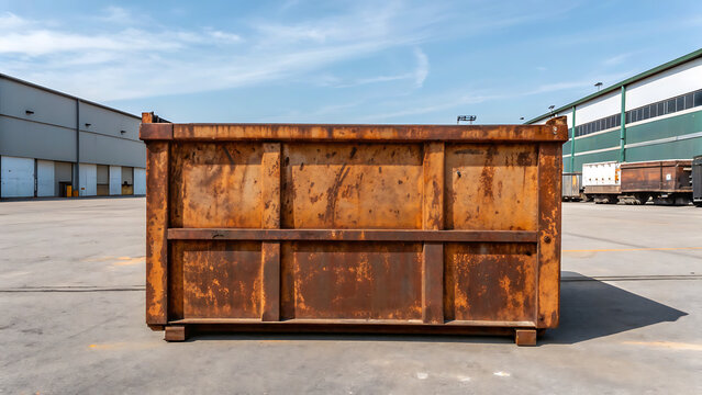 Industrial dumpster in a warehouse yard under clear blue sky