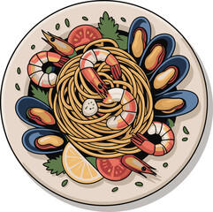 A colorful plate of spaghetti with shrimp mussels and various seafood