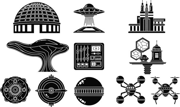 Futuristic, scifi, architecture, icons, alien, technology, buildings, ufo, devices, space, science, fiction, silhouettes, minimal, design, cad, drawing, flat, vector, illustration