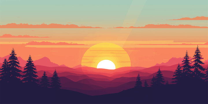 A beautiful orange sunrise and red sunset glow over the mountain landscape as sunlight pierces through summer clouds and fog at dawn and dusk