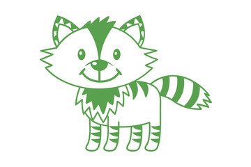 Adorable green cartoon ringtail cat with stripes smiling sweetly on the white backdrop