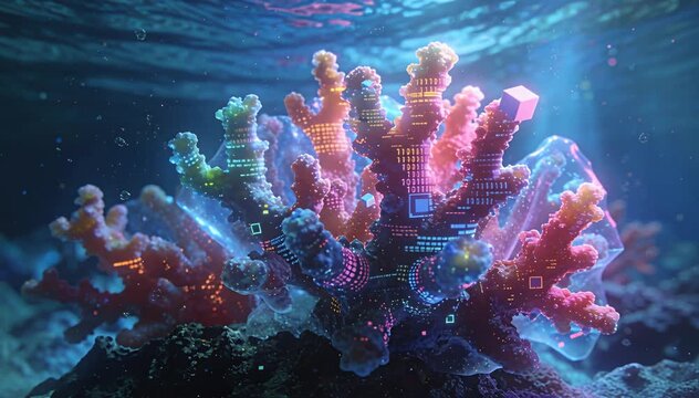 Digital coral reef ecosystem data flow under the ocean waves, bio-digital fusion coral reef, underwater.