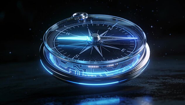 Digital compass with glowing circuitry showing direction and navigation, tech guidance compass, technology.