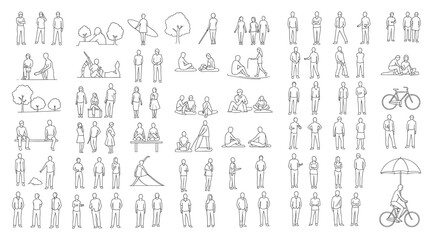 Vector illustration set of minimalist line drawings in grid format, depicting diverse human activities such as walking, cycling, sitting, hugging, dancing, exercising, and social interaction for desig