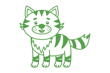 Fototapeta premium A cute green cartoon cat is standing with stripes on a white background