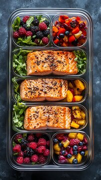 Nutritious meal prep with grilled salmon and berries
