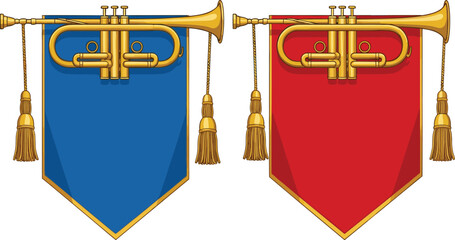 Ceremonial trumpets with decorative blue and red banners and tassels isolated on white background, heraldic music vector illustration © Prodip