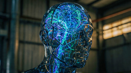 Obraz premium Futuristic glass head sculpture with glowing neural network, abstract technology art in industrial warehouse setting