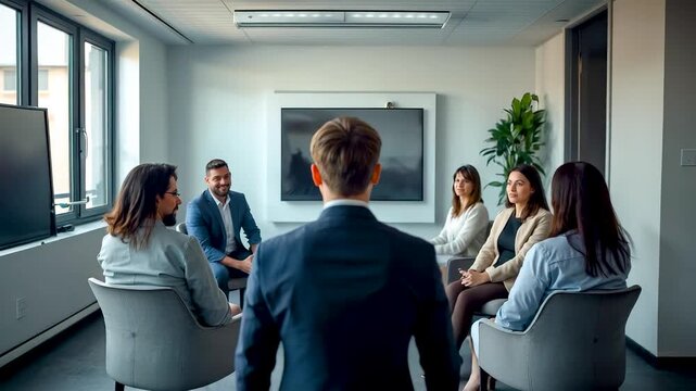 Professional business team meeting in modern office with executives seated in discussion circle, collaborative planning session, and leadership focus