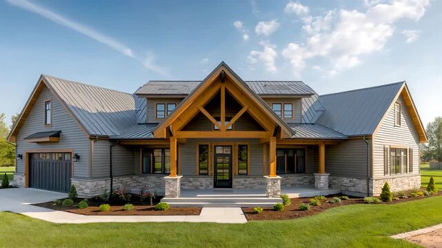 Contemporary suburban family home with timber accents, gabled roof, landscaped lawn, bright daylight, and welcoming residential curb appeal
