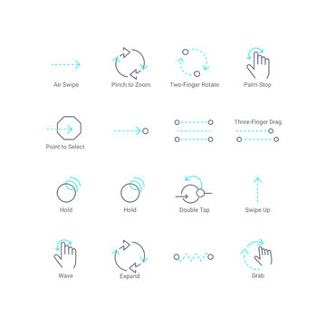 Zero-UI gesture command icon set vector. Minimalist motion cues for hands-free interface design, AR interaction, and touchless SaaS control systems.