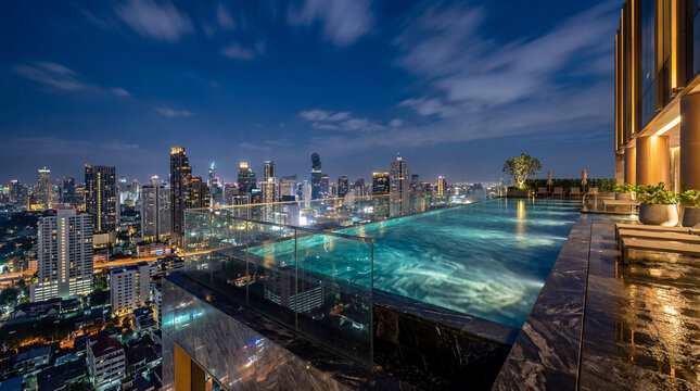 Rooftop Infinity Pool Merging with a Nighttime City Skyline
