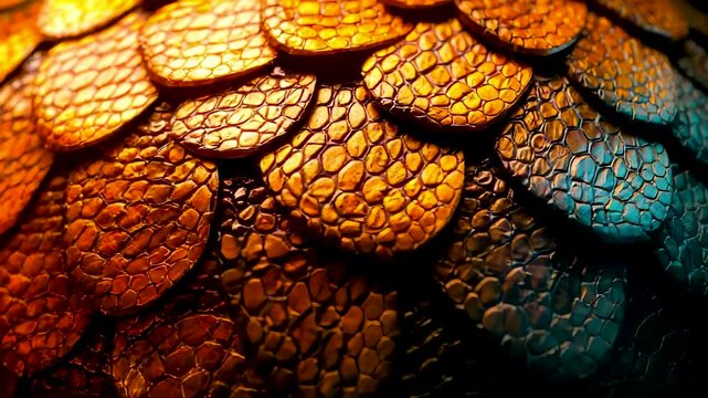 Detailed reptile scale texture with vivid orange and teal lighting, organic skin surface pattern, dramatic contrast, and natural armor detail