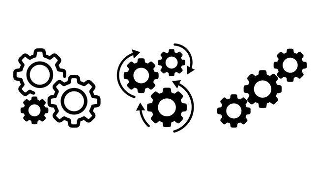Vector Gear System Icons &ndash; 3 Unique Mechanical Silhouettes Featuring Rotating Gears, Engineering Concepts, Automation Graphics, and Industrial Design Elements for Technical Illustration Templates