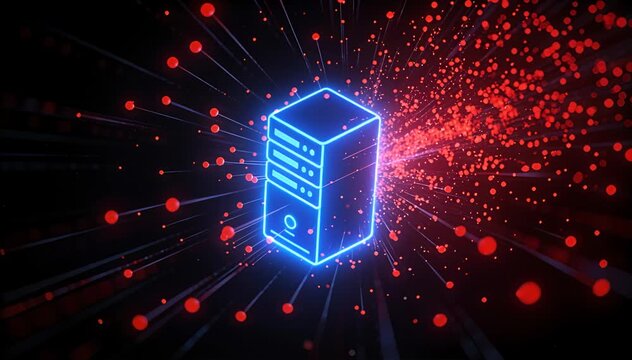 Futuristic glowing server icon with abstract red particle data streams flowing outwards technology concept.