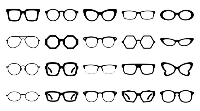 Vector Eyeglass Frame Silhouettes &ndash; 24 Unique Optical Styles Including Round, Cat-Eye, Hexagonal, Butterfly, Rectangular Designs for Fashion, Retail, Branding, and Eyewear Design