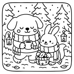 A cozy illustration of a dog and a rabbit wearing scarves, enjoying a winter scene with trees and lanterns, perfect for seasonal coloring activities.