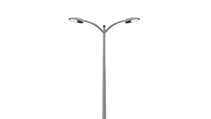 Modern double street lamp with glowing lights on a tall grey pole isolated on a plain white background for urban design.