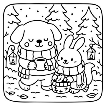 A cozy illustration of a dog and a rabbit wearing scarves, enjoying a winter scene with trees and lanterns, perfect for seasonal coloring activities.