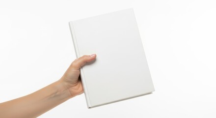 Obraz premium Close up of female hand holding empty white book for mockup presentation on isolated background