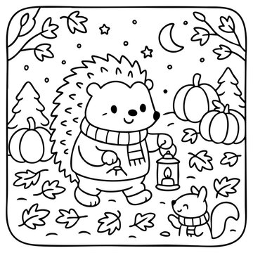 A cute hedgehog and squirrel walk together in a fall scene, surrounded by pumpkins, trees, and falling leaves under a starry sky.