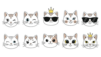Obraz premium Set of ten adorable white cat face icons with various expressions including winking, sleeping, and wearing sunglasses or a golden crown.