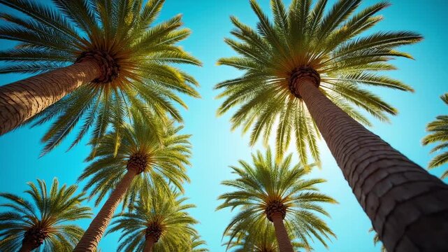 Low angle shot of tall palm tree tops under a bright sun and blue sky in summer.