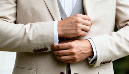 Obraz premium Close up of a groom in a beige suit adjusting his sleeve cuffs. Unrecognizable man getting ready for a wedding ceremony outdoors. Elegant formal fashion detail
